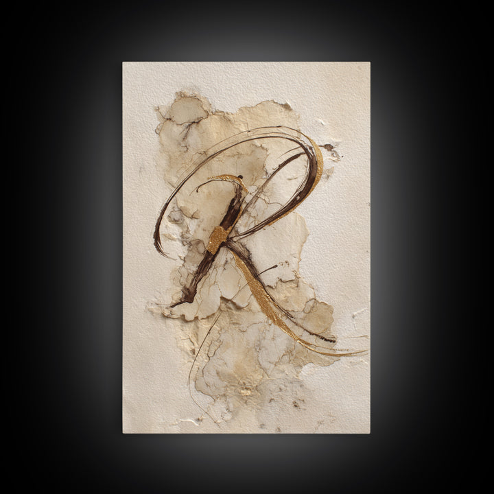 Gold Leaf Calligraphic Spiral on Plaster Surface Canvas Print, Calligraphy Art, Art, Living Room Decor, Oil Painting, Script, CAL-2x3-70