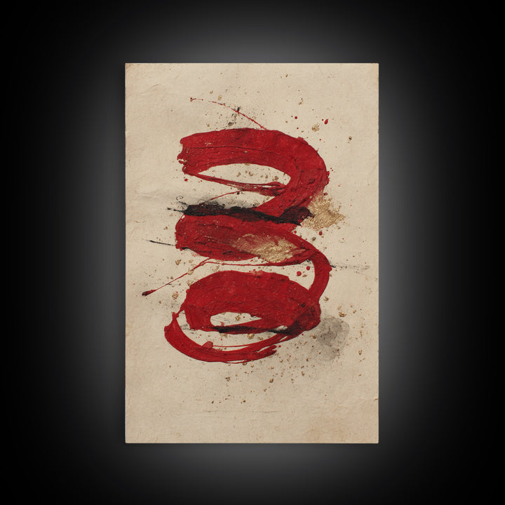Bold Red Brushstroke Seal Abstraction Framed Canvas Print, Calligraphy Art, Print, Living Room Decor, Fine Art, Script, CAL-2x3-75