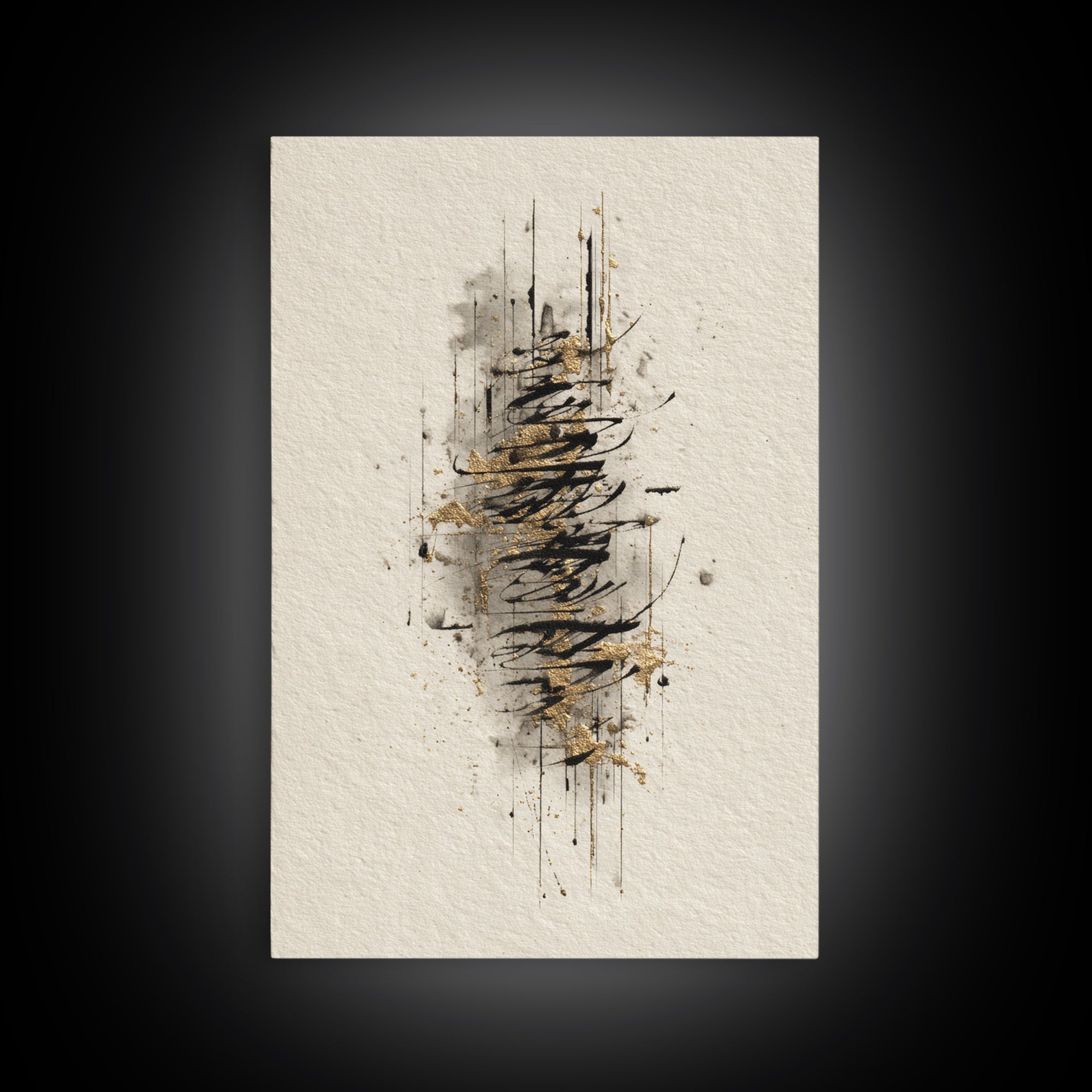 Abstract Gold Calligraphic Strokes on Ivory Paper Canvas Print, Calligraphy Art, Digital Prints, Living Room Decor, Script, CAL-2x3-82