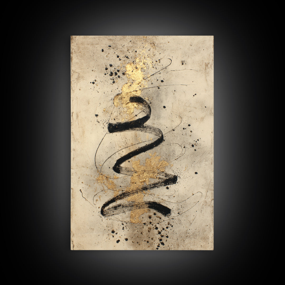 Gold Leaf Calligraphic Spiral on Plaster Surface Canvas Print, Calligraphy Art, Printable, Living Room Decor, Script, CAL-2x3-94