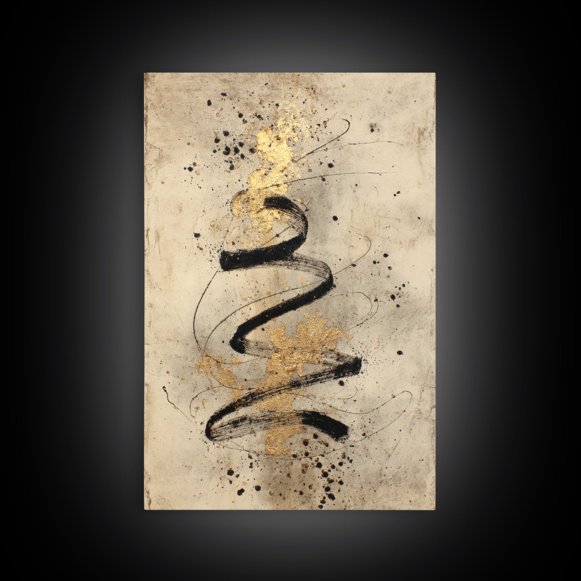 Gold Leaf Calligraphic Spiral on Plaster Surface Canvas Print, Calligraphy Art, Printable, Living Room Decor, Script, CAL-2x3-94
