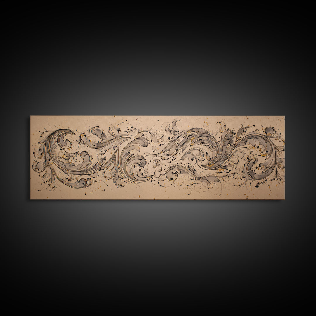 Baroque Scrollwork Made from Looping Pen Strokes Canvas Print, Calligraphy Art, Modern Decor, Living Room Decor, Script, CAL-3x1-100