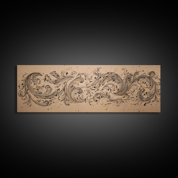 Baroque Scrollwork Made from Looping Pen Strokes Canvas Print, Calligraphy Art, Modern Decor, Living Room Decor, Script, CAL-3x1-100