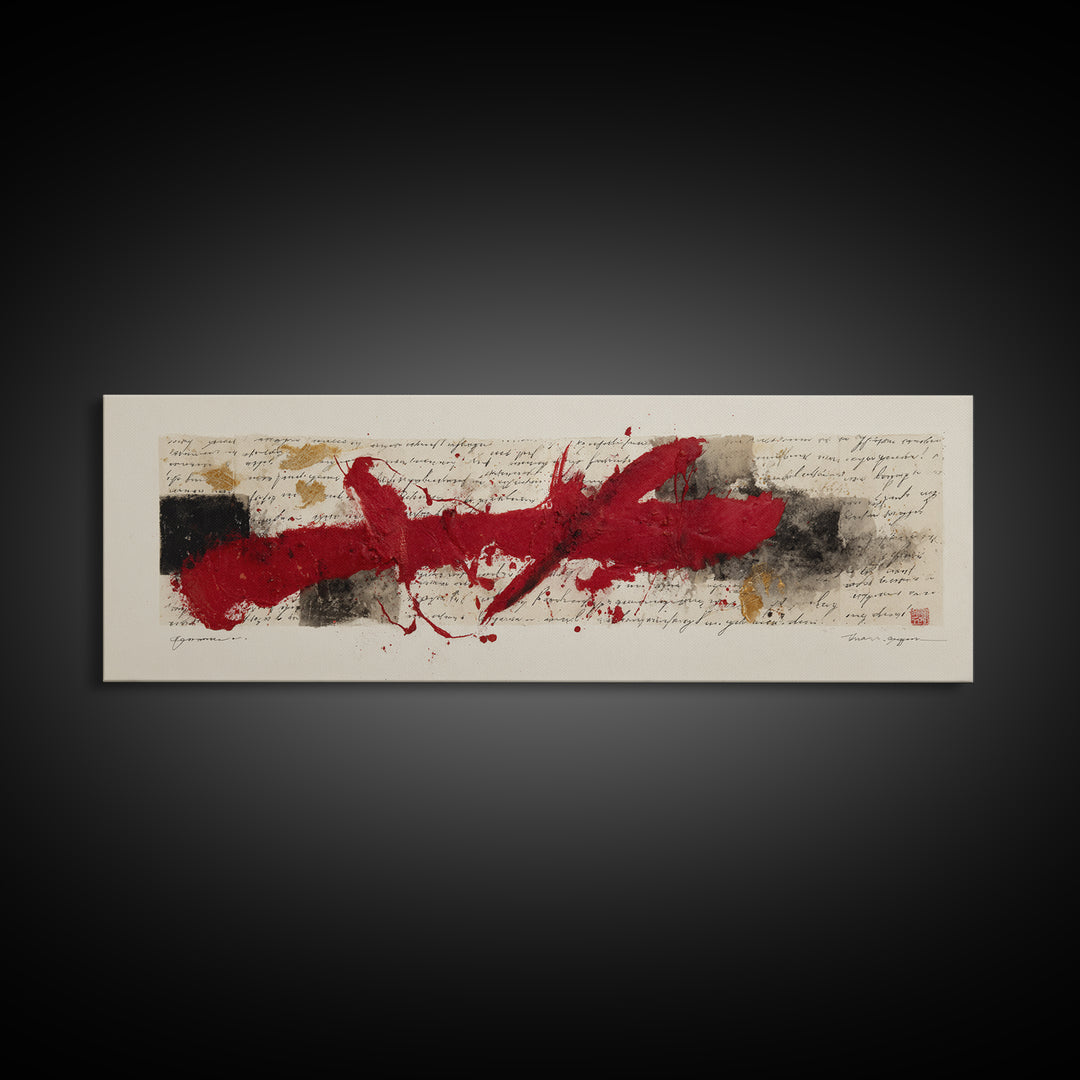 Bold Red Brushstroke Seal Abstraction Canvas Print, Calligraphy Art, Gallery Wall Set, Living Room Decor, Fine Art, Script, CAL-3x1-11
