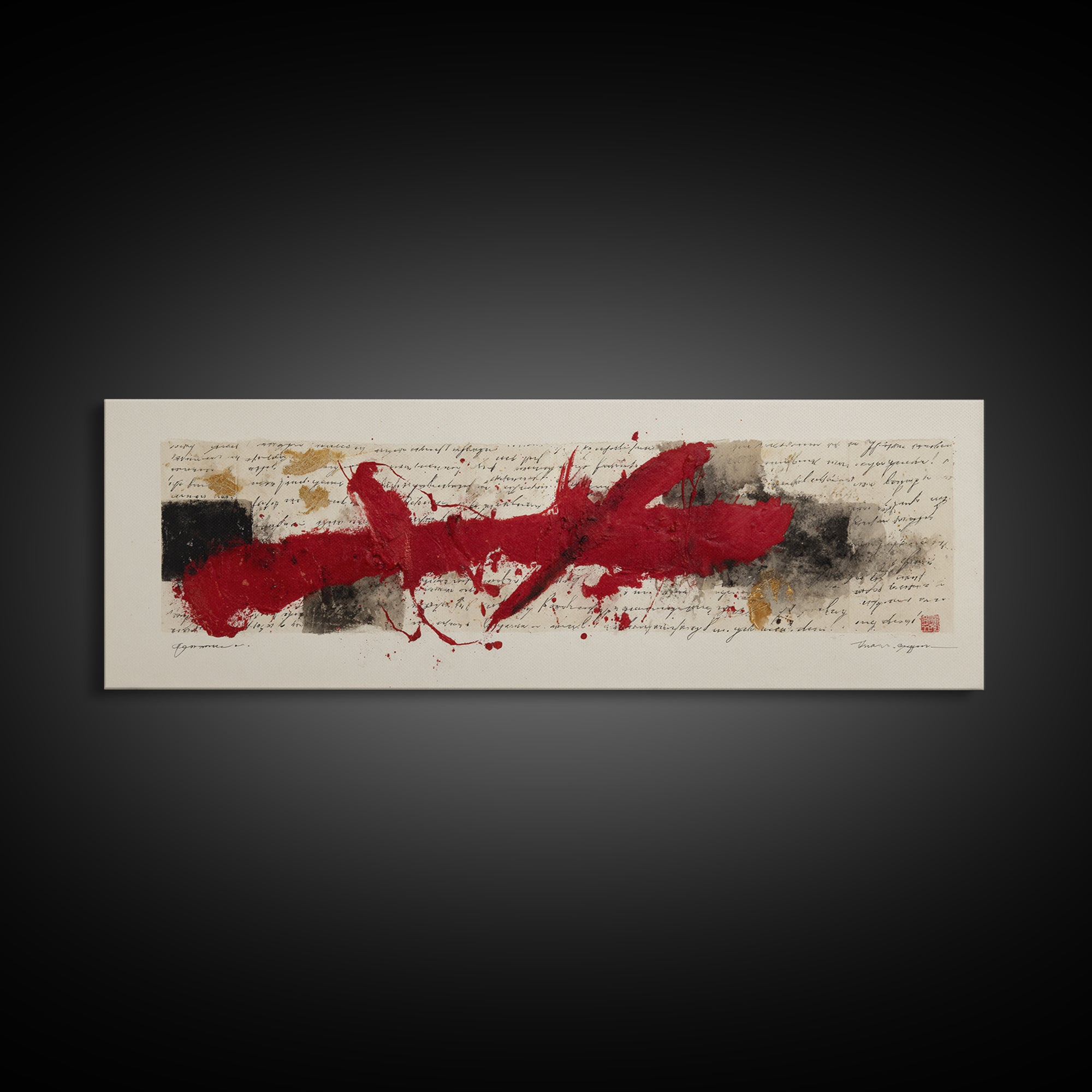 Bold Red Brushstroke Seal Abstraction Canvas Print, Calligraphy Art, Gallery Wall Set, Living Room Decor, Fine Art, Script, CAL-3x1-11