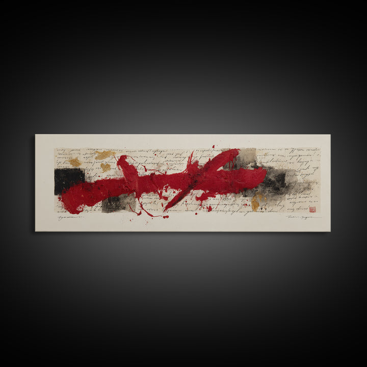 Bold Red Brushstroke Seal Abstraction Canvas Print, Calligraphy Art, Gallery Wall Set, Living Room Decor, Fine Art, Script, CAL-3x1-11