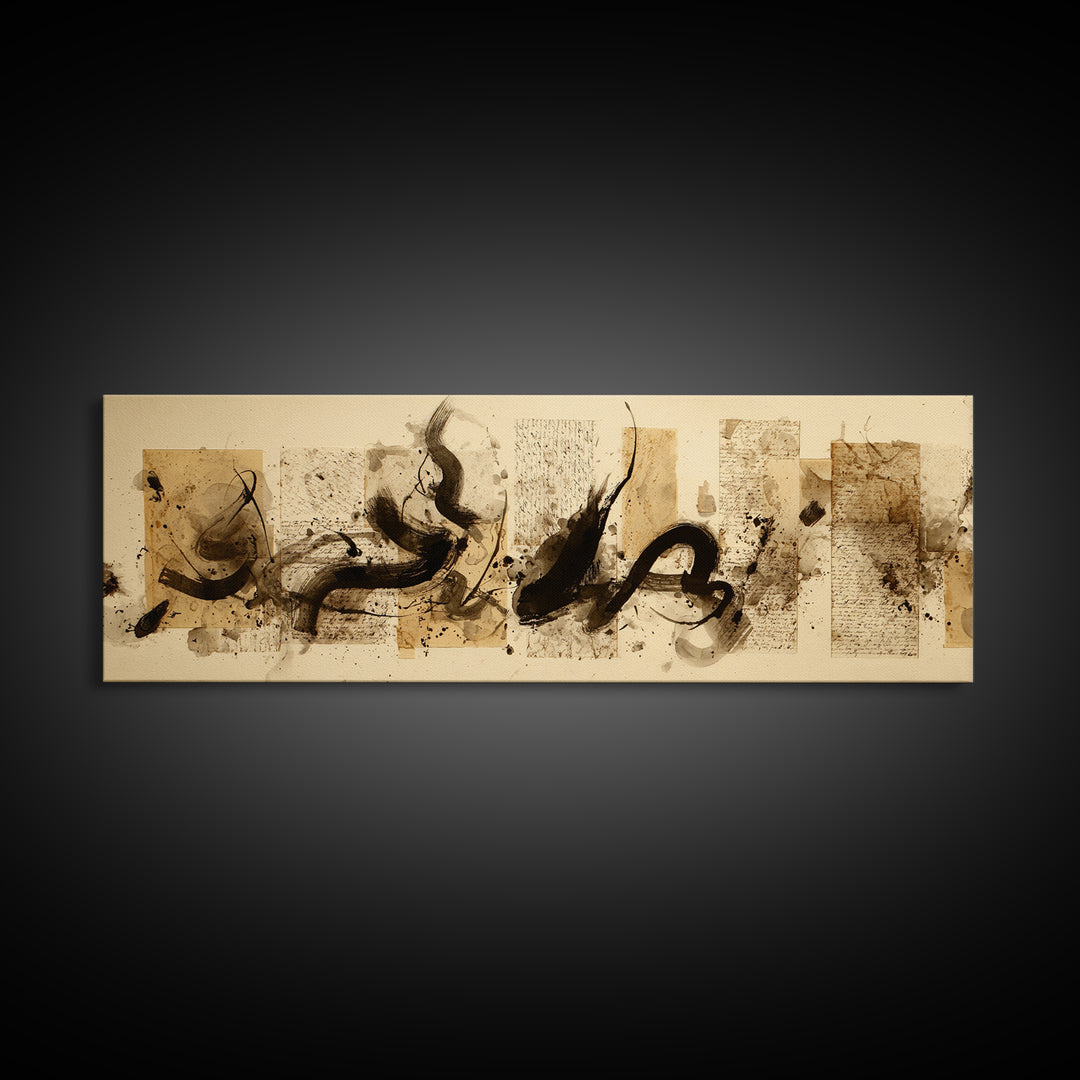 Large Sweeping Black Ink Gesture Like a Framed Canvas Print, Calligraphy Art, Living Room Wall Art, Living Room Decor, Script, CAL-3x1-17
