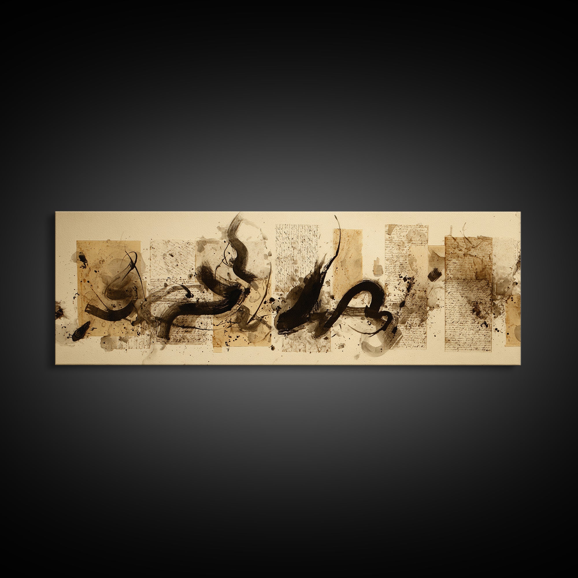 Large Sweeping Black Ink Gesture Like a Framed Canvas Print, Calligraphy Art, Living Room Wall Art, Living Room Decor, Script, CAL-3x1-17