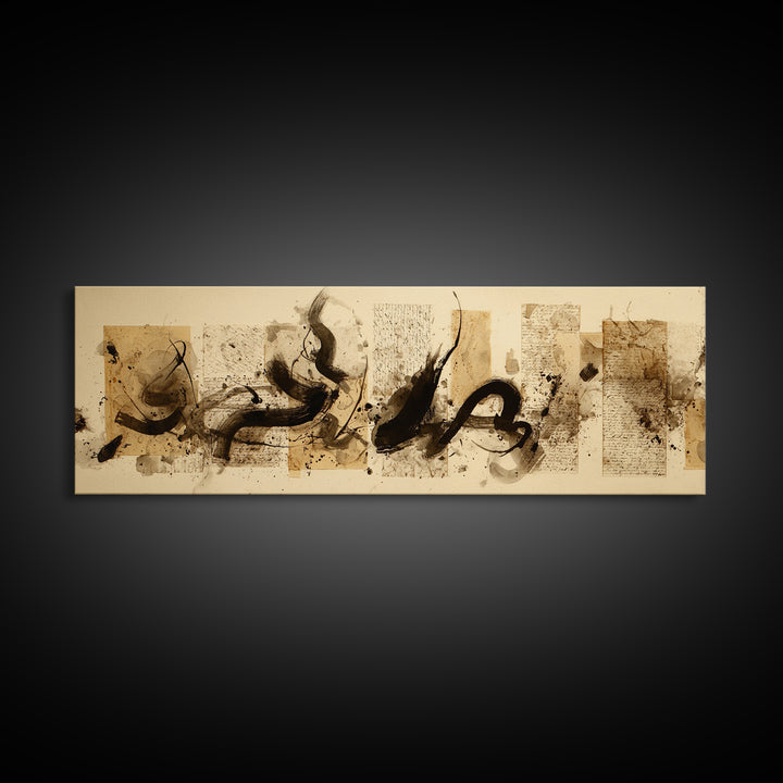 Large Sweeping Black Ink Gesture Like a Framed Canvas Print, Calligraphy Art, Living Room Wall Art, Living Room Decor, Script, CAL-3x1-17