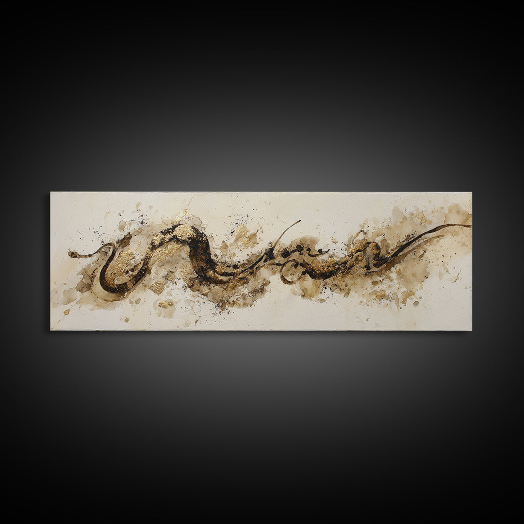 Gold Leaf Calligraphic Spiral on Plaster Surface Canvas Print, Calligraphy Art, Wall Art, Living Room Decor, Watercolor Art, CAL-3x1-30