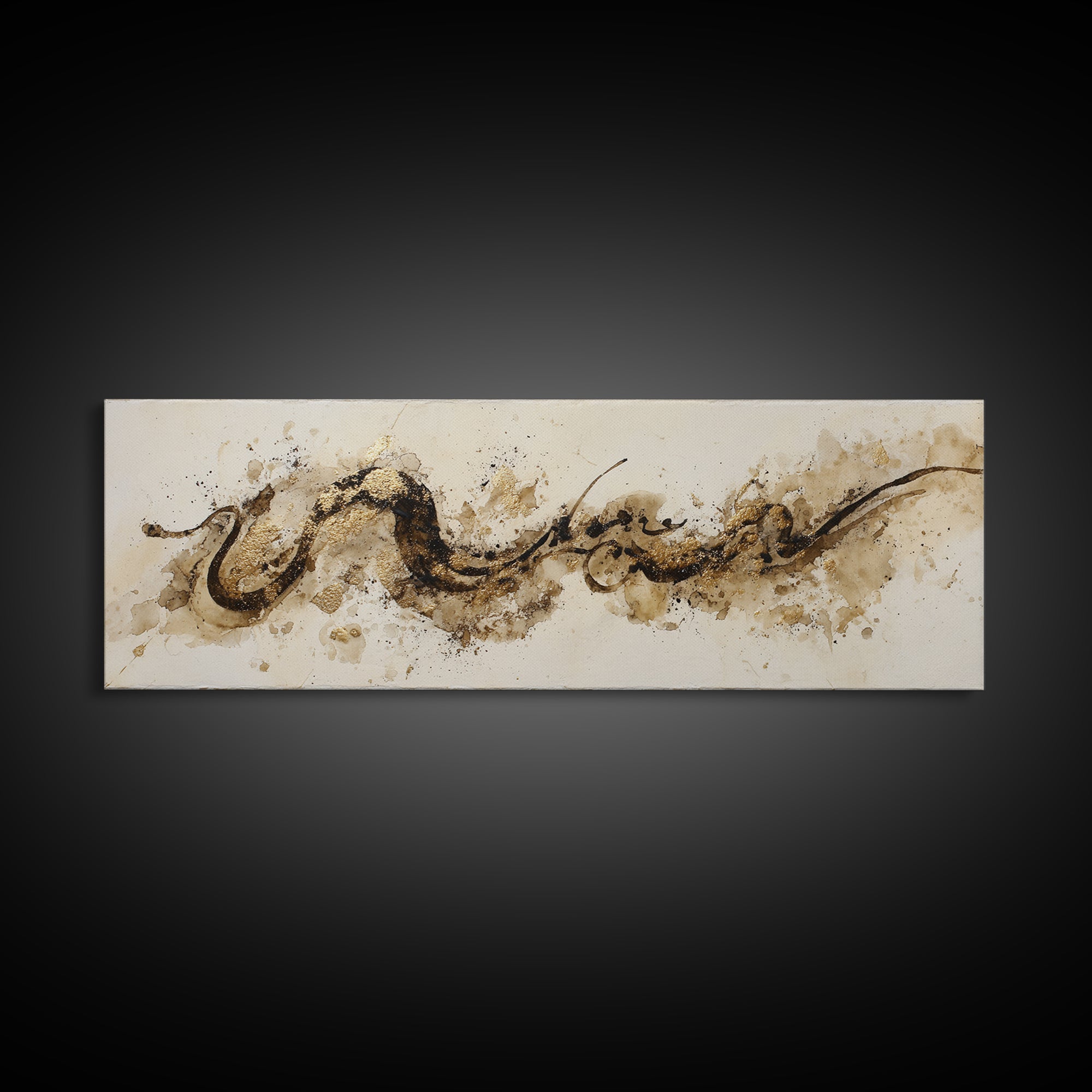Gold Leaf Calligraphic Spiral on Plaster Surface Canvas Print, Calligraphy Art, Wall Art, Living Room Decor, Watercolor Art, CAL-3x1-30