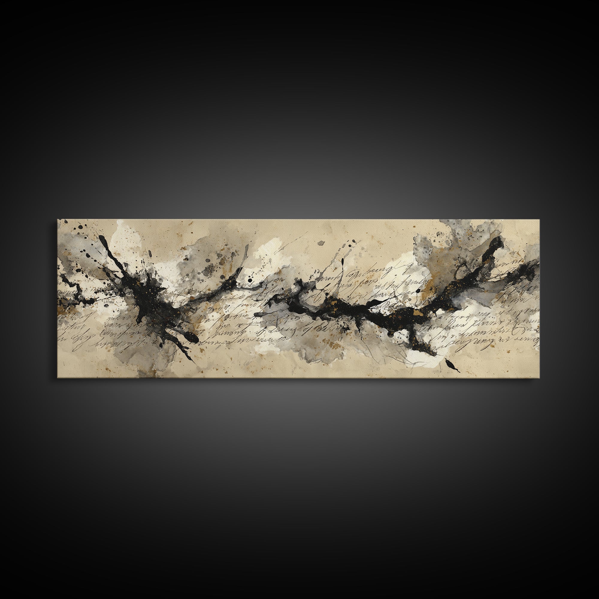 Ink Splatter and Long Brushstroke Composition Framed Canvas Print, Calligraphy Art, Quote Wall Art, Living Room Decor, Script, CAL-3x1-32
