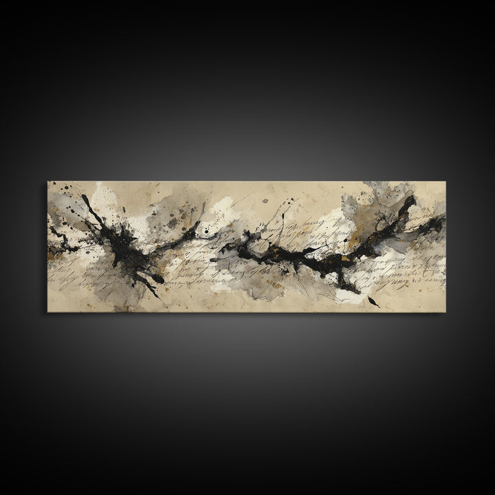 Ink Splatter and Long Brushstroke Composition Framed Canvas Print, Calligraphy Art, Quote Wall Art, Living Room Decor, Script, CAL-3x1-32