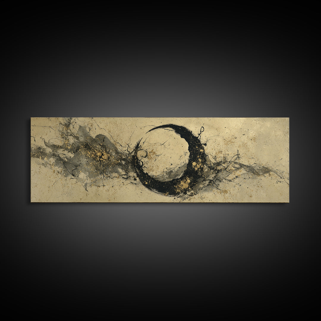 Crescent Moon Made from Elegant Ink Swashes Framed Canvas Print, Calligraphy Art, Japanese Art, Living Room Decor, Script, CAL-3x1-37