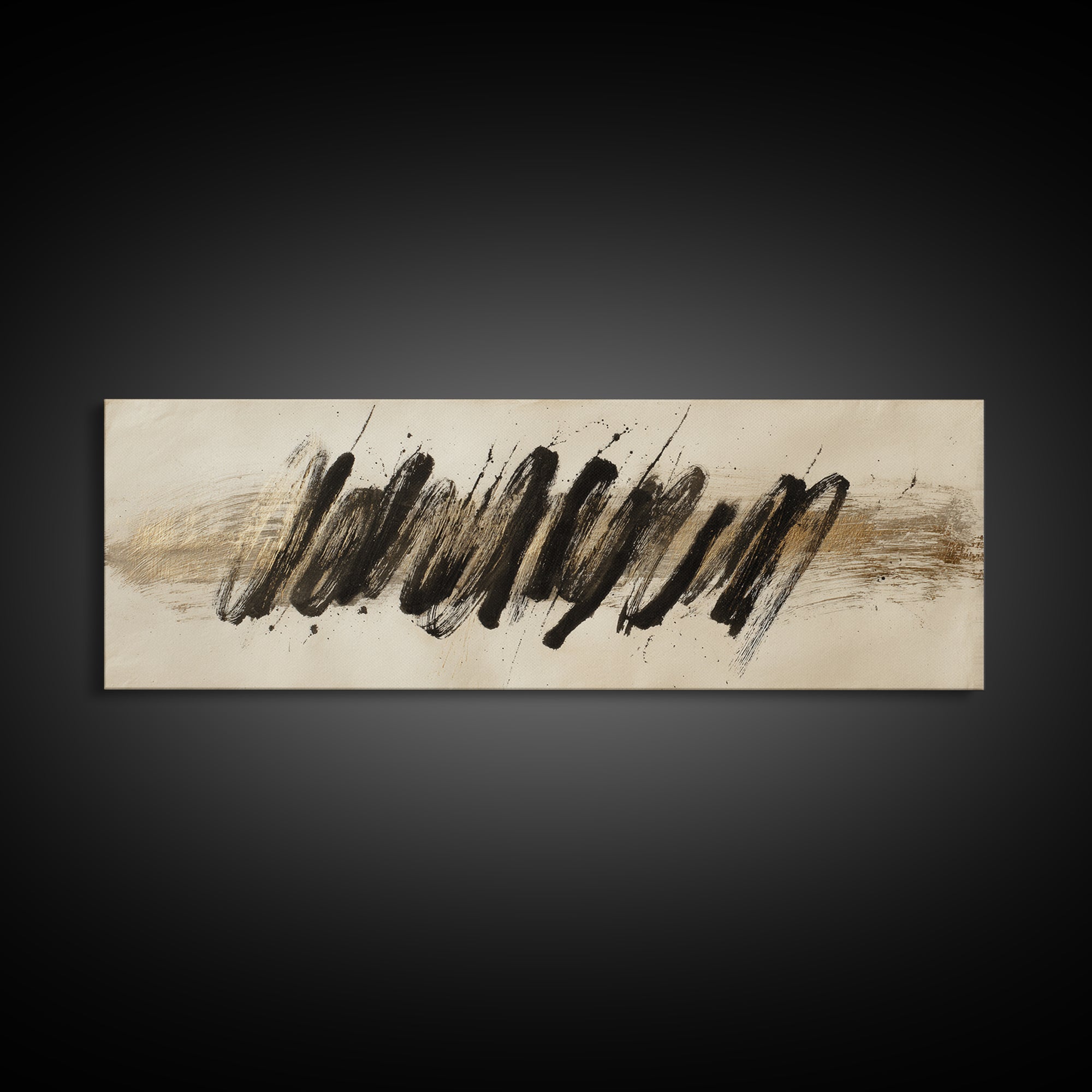 Abstract Gold Calligraphic Strokes on Ivory Paper Canvas Print, Calligraphy Art, Unique Wall Art, Living Room Decor, Script, CAL-3x1-42