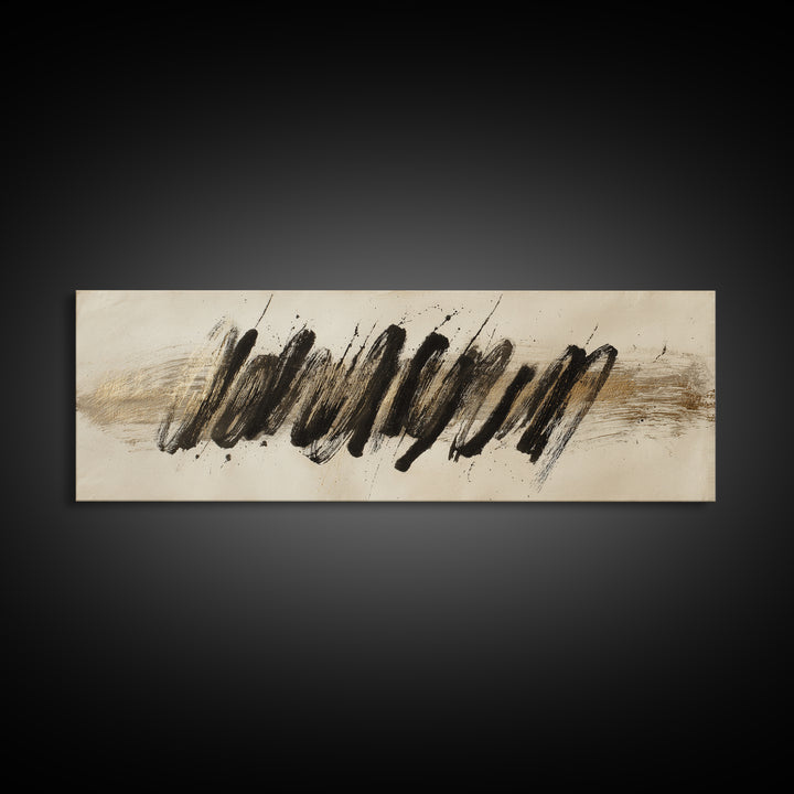 Abstract Gold Calligraphic Strokes on Ivory Paper Canvas Print, Calligraphy Art, Unique Wall Art, Living Room Decor, Script, CAL-3x1-42