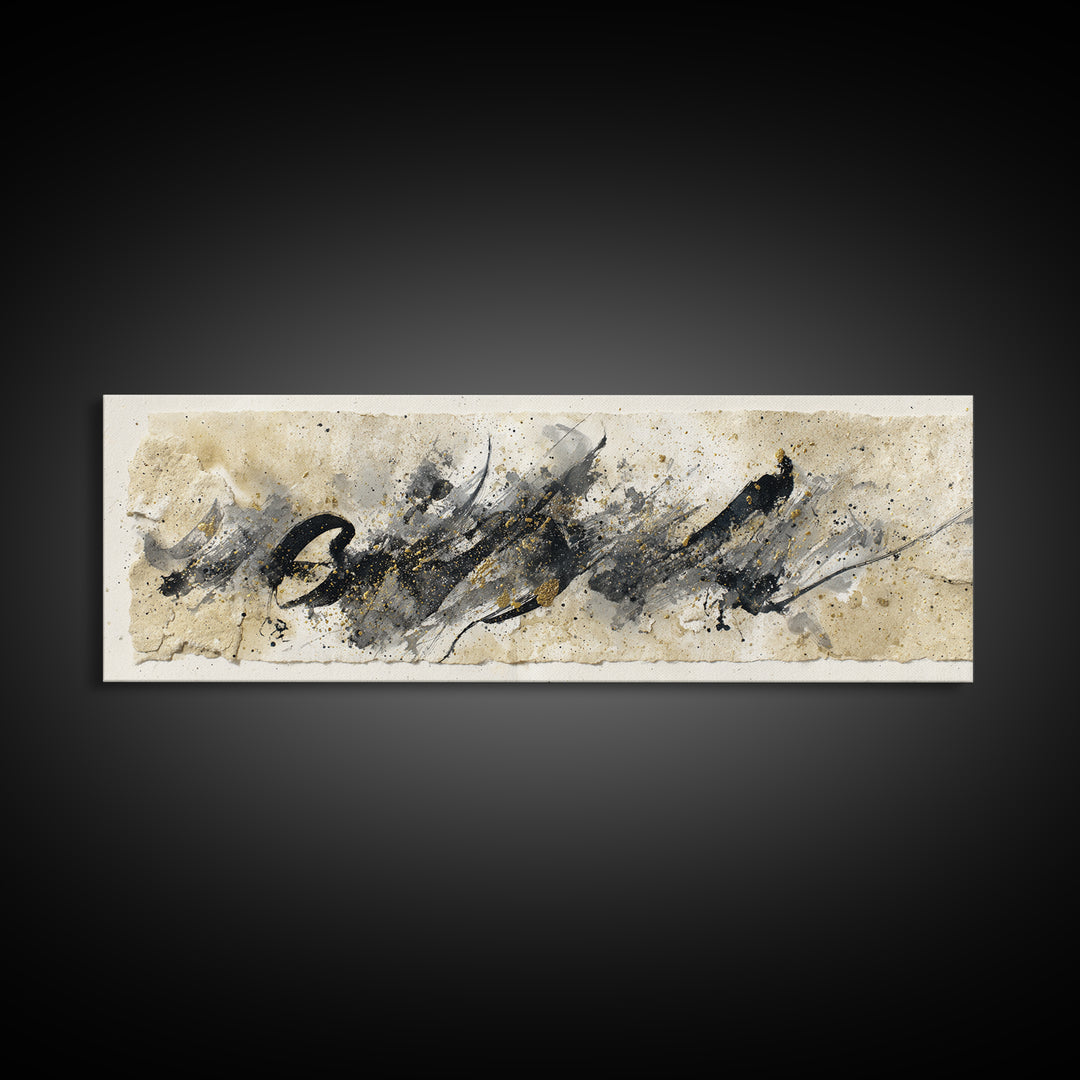 Monochrome Brush Alphabet Fragments as Abstract Texture Canvas Print, Calligraphy Art, Living Room Decor, Script, CAL-3x1-5