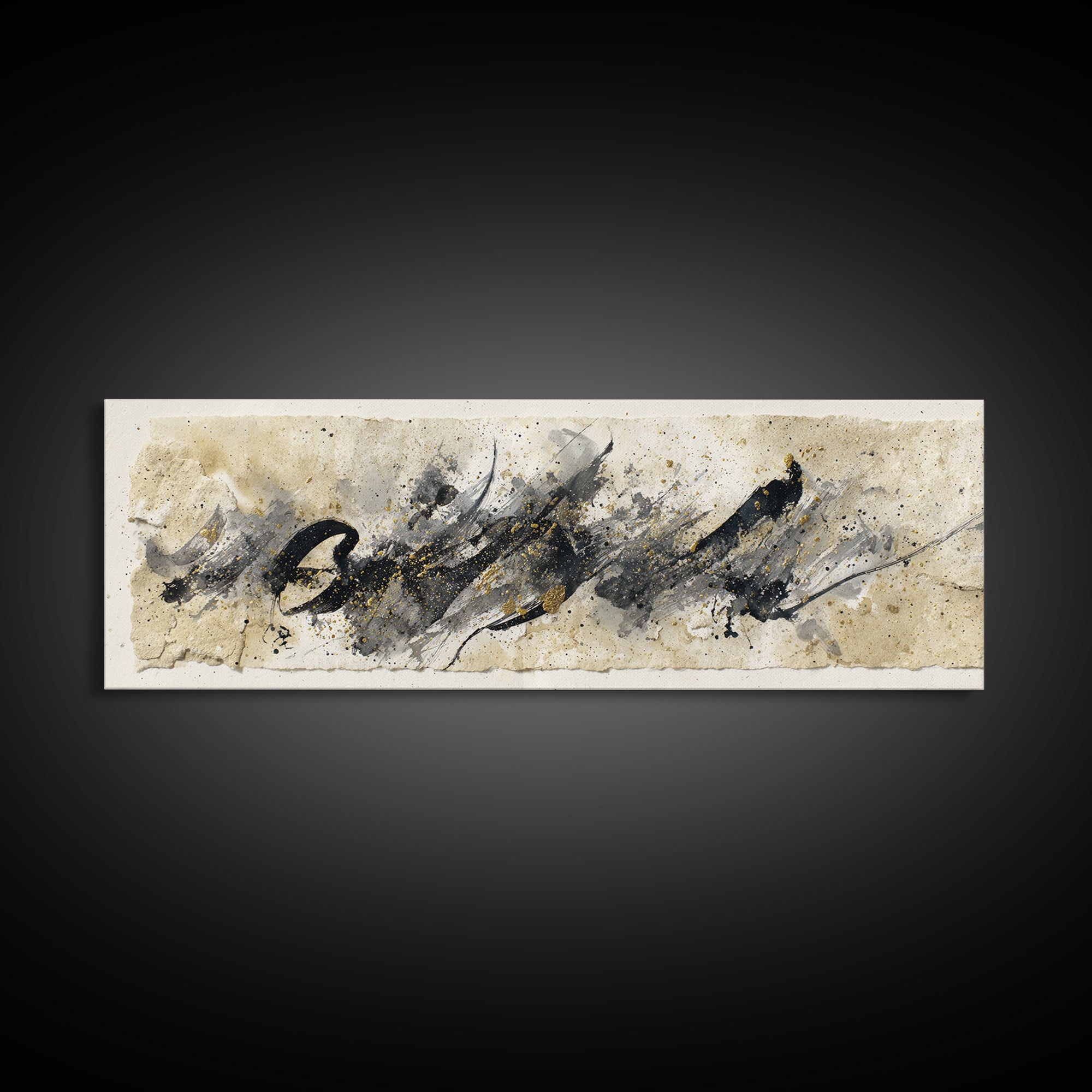 Monochrome Brush Alphabet Fragments as Abstract Texture Canvas Print, Calligraphy Art, Living Room Decor, Script, CAL-3x1-5