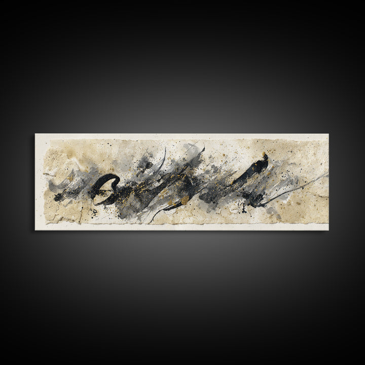 Monochrome Brush Alphabet Fragments as Abstract Texture Canvas Print, Calligraphy Art, Living Room Decor, Script, CAL-3x1-5