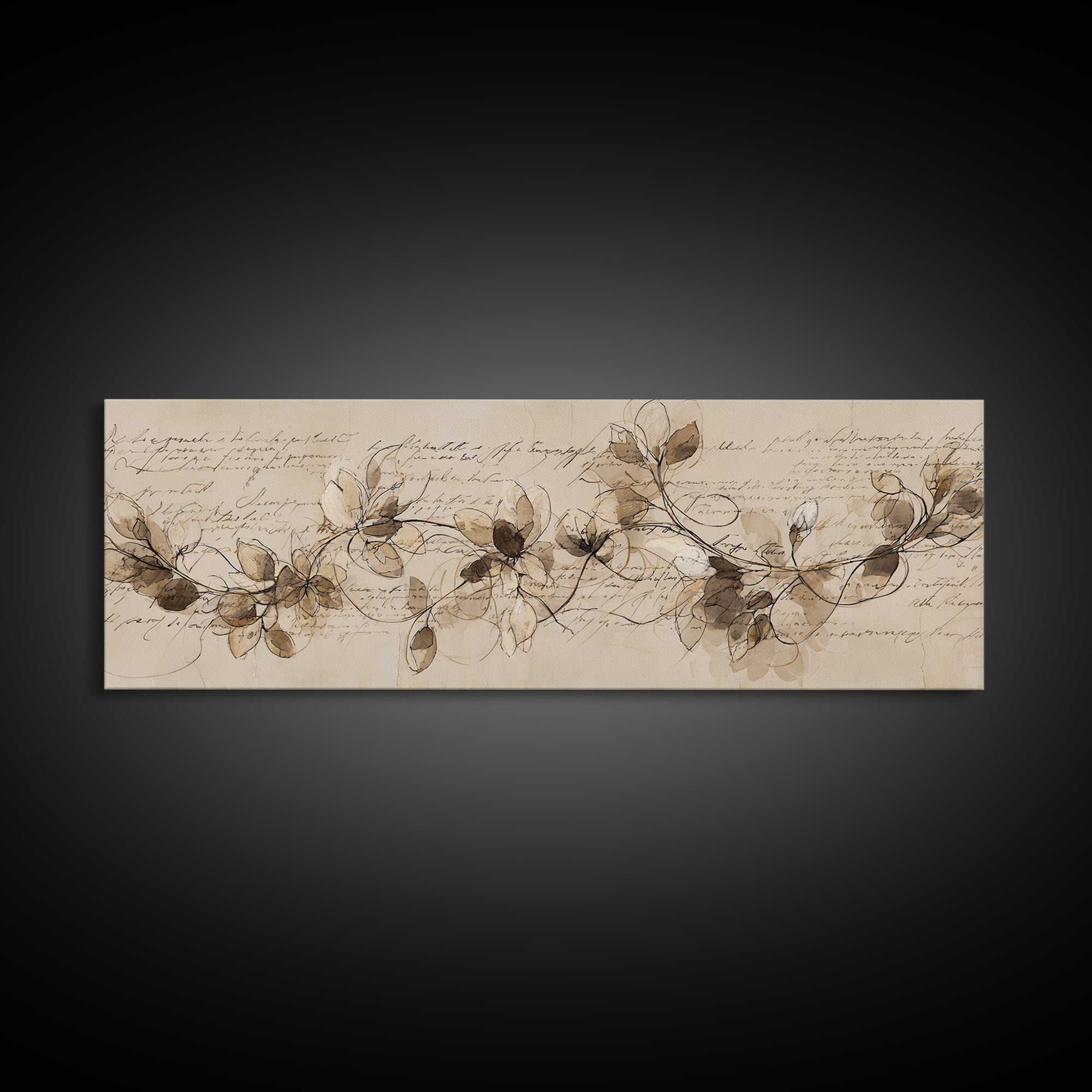 Floral Vine Created from Graceful Script Like Framed Canvas Print, Calligraphy Art, Living Room Decor, Oil Painting, Script, CAL-3x1-51