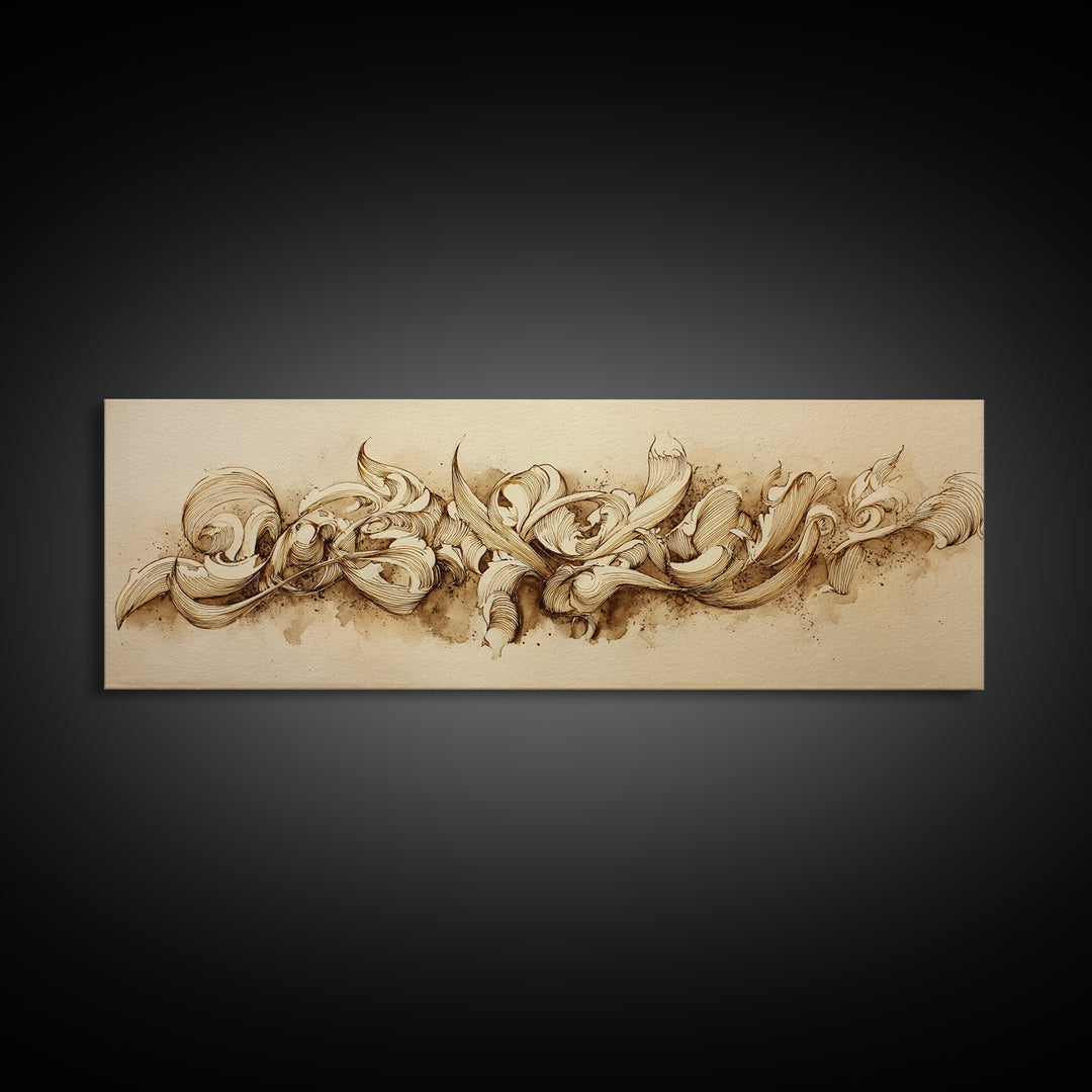 Baroque Scrollwork Made from Looping Pen Strokes Framed Canvas Print, Calligraphy Art, Room Decor, Living Room Decor, Script, CAL-3x1-52