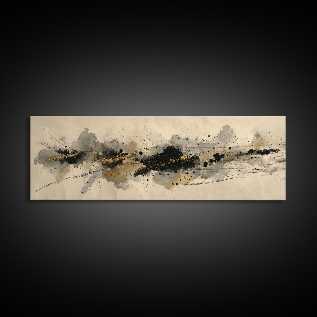 Ink Splatter and Long Brushstroke Composition Canvas Print, Calligraphy Art, Textured Painting, Living Room Decor, Script, CAL-3x1-56