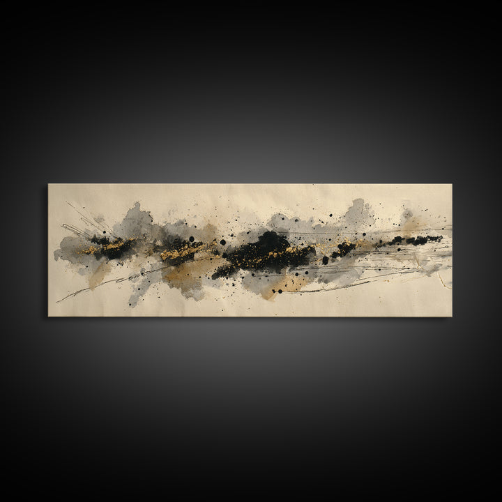 Ink Splatter and Long Brushstroke Composition Canvas Print, Calligraphy Art, Textured Painting, Living Room Decor, Script, CAL-3x1-56