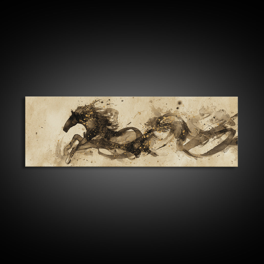 Calligraphic Horse Silhouette Made from One Line Framed Canvas Print, Calligraphy Art, Modern Art, Living Room Decor, Script, CAL-3x1-57