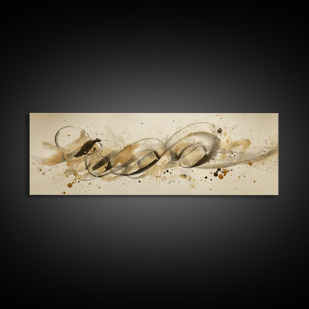 Abstract Gold Calligraphic Strokes on Ivory Paper Canvas Print, Calligraphy Art, Unique Wall Art, Living Room Decor, Script, CAL-3x1-66