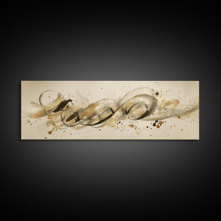 Abstract Gold Calligraphic Strokes on Ivory Paper Canvas Print, Calligraphy Art, Unique Wall Art, Living Room Decor, Script, CAL-3x1-66