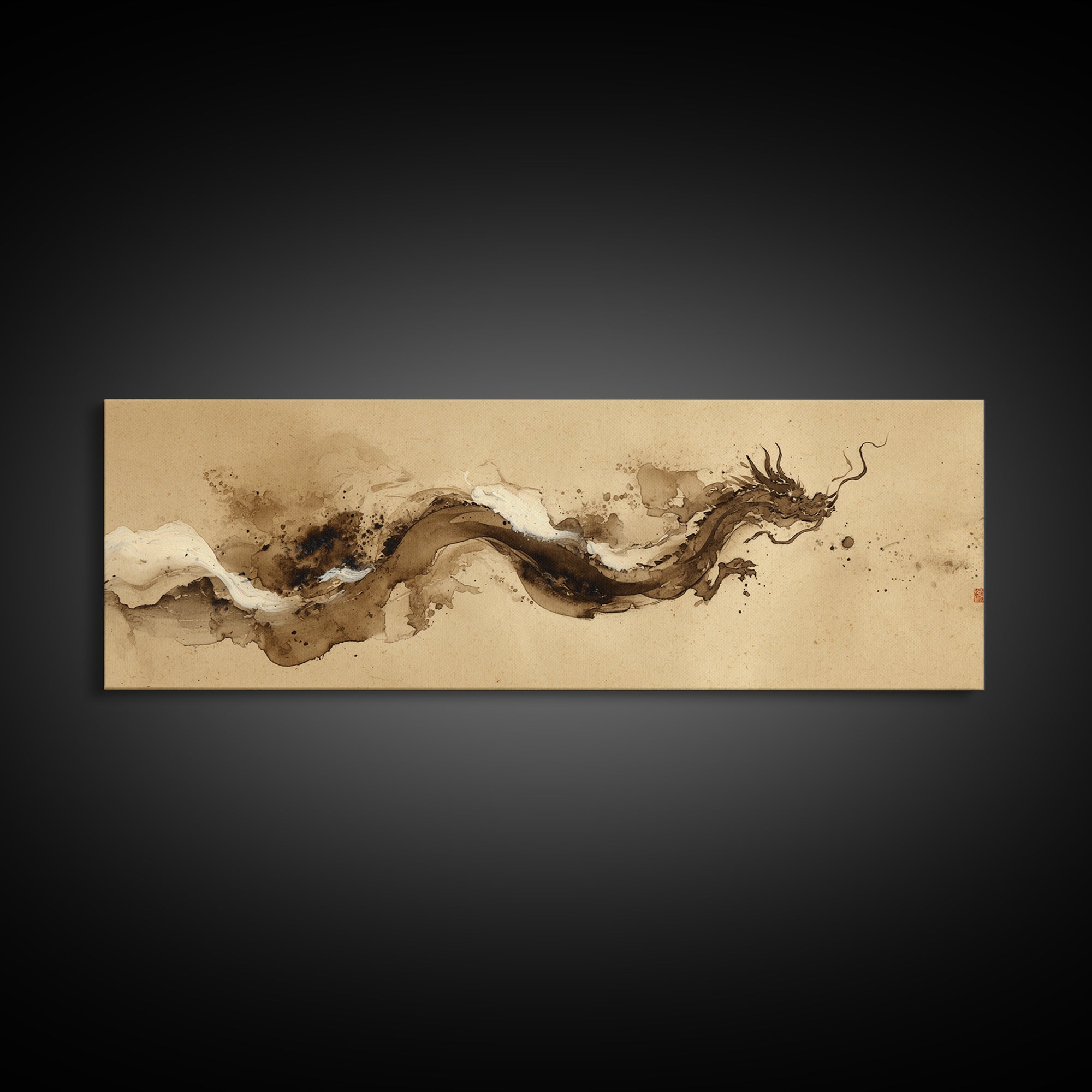 Ink Wash Dragon Curve Framed Canvas Print, Calligraphy Art, Digital Download Art, Living Room Decor, Fine Art, Script, CAL-3x1-73