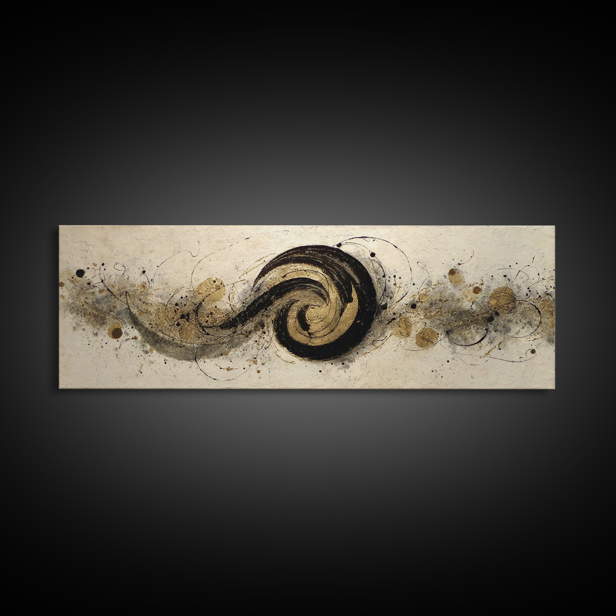 Gold Leaf Calligraphic Spiral on Plaster Surface Canvas Print, Calligraphy Art, Art, Living Room Decor, Oil Painting, Script, CAL-3x1-78