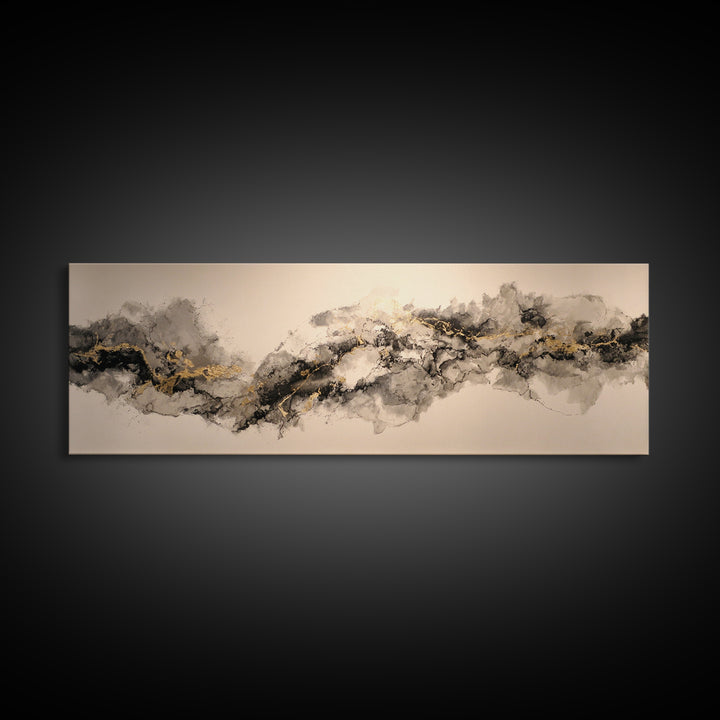 Ink Splatter and Long Brushstroke Composition Canvas Print, Calligraphy Art, Art, Living Room Decor, Fine Art, Script, CAL-3x1-80
