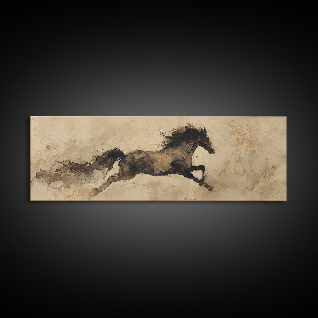 Calligraphic Horse Silhouette Made from One Line Framed Canvas Print, Calligraphy Art, Modern Art, Living Room Decor, Script, CAL-3x1-81