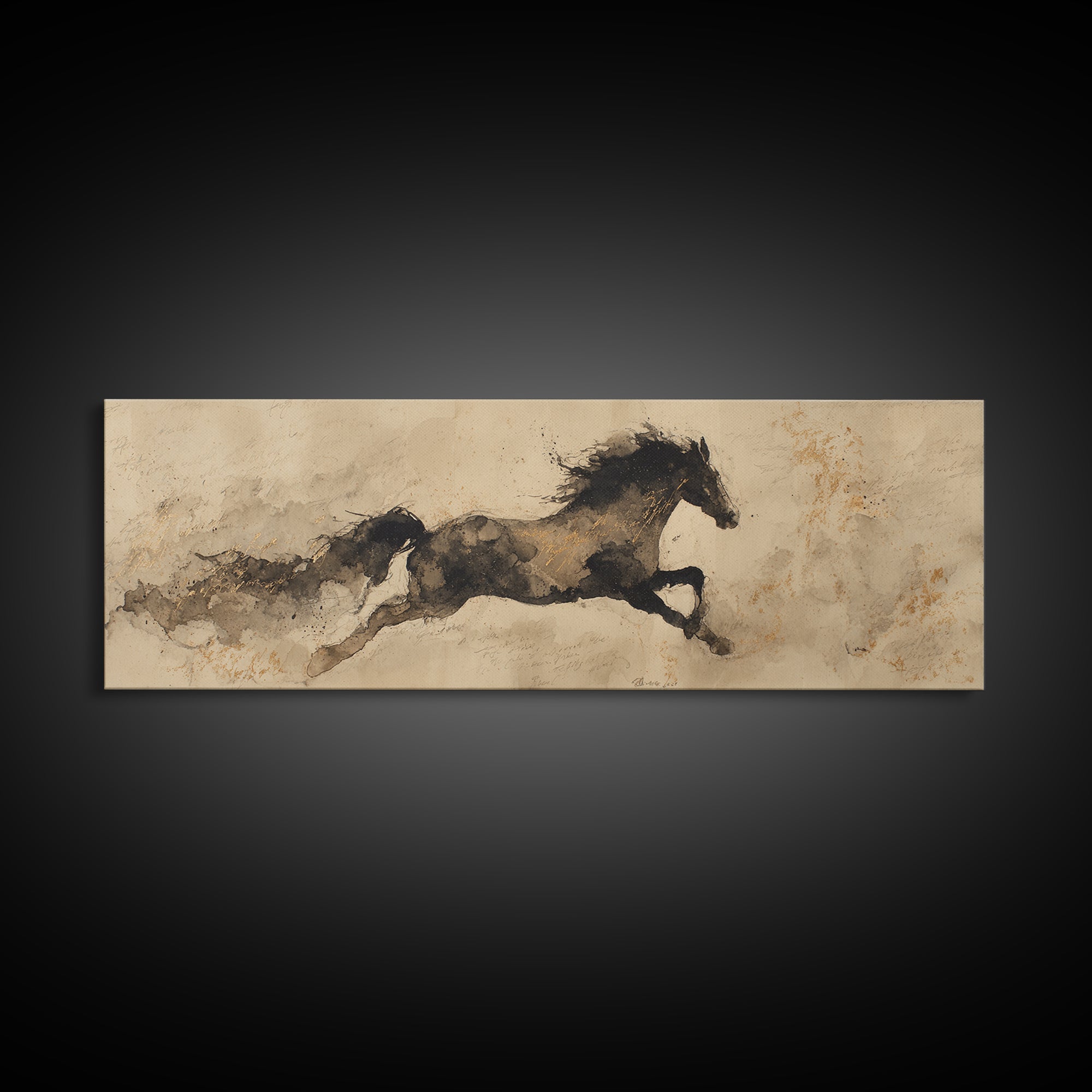 Calligraphic Horse Silhouette Made from One Line Framed Canvas Print, Calligraphy Art, Modern Art, Living Room Decor, Script, CAL-3x1-81