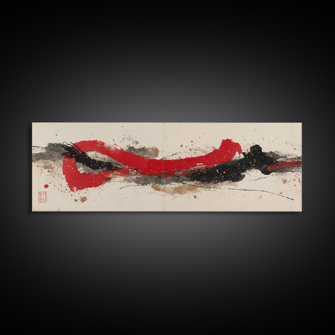 Bold Red Brushstroke Seal Abstraction Canvas Print, Calligraphy Art, Prints, Living Room Decor, Script, Bedroom Wall Decor, CAL-3x1-83