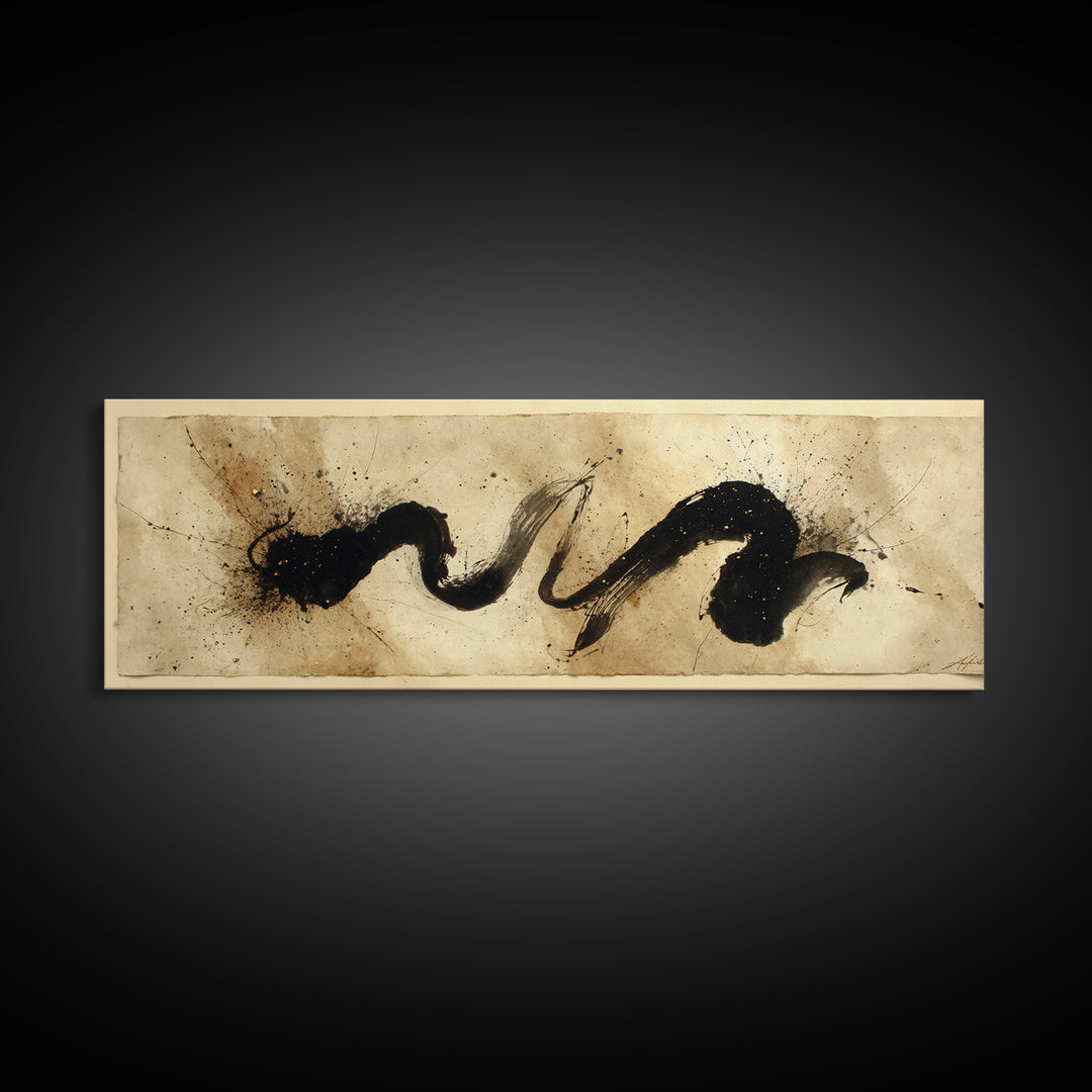 Large Sweeping Black Ink Gesture Like a Framed Canvas Print, Calligraphy Art, Quote Wall Art, Living Room Decor, Script, CAL-3x1-89