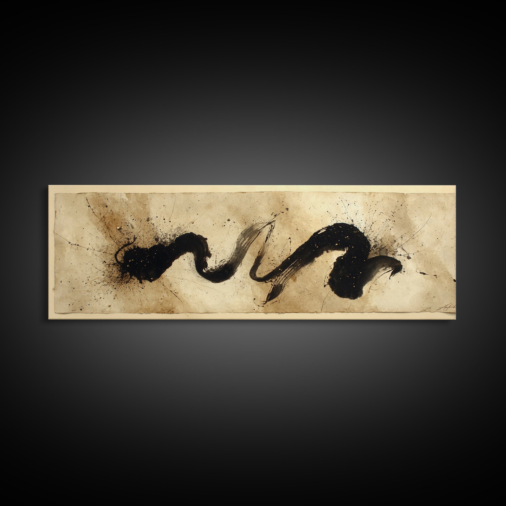Large Sweeping Black Ink Gesture Like a Framed Canvas Print, Calligraphy Art, Quote Wall Art, Living Room Decor, Script, CAL-3x1-89