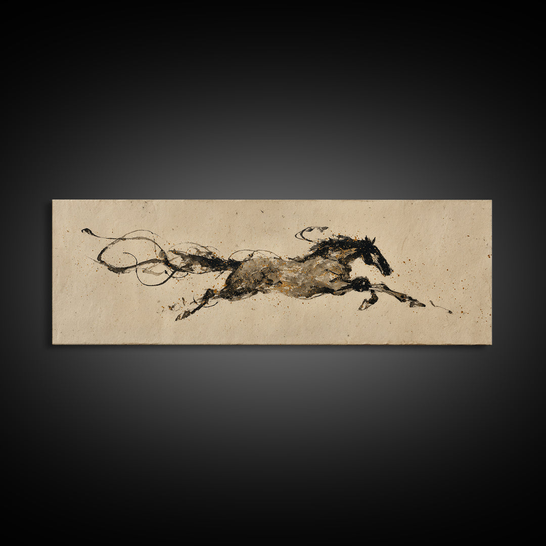 Calligraphic Horse Silhouette Made from One Line Framed Canvas Print, Calligraphy Art, Wallart, Living Room Decor, Script, CAL-3x1-9