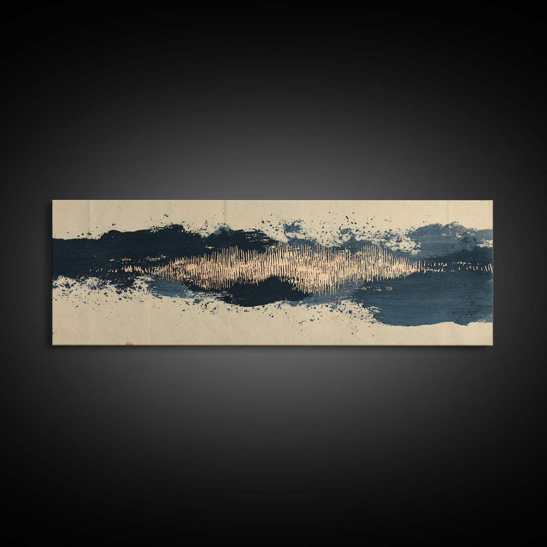 Layered Copper Ink Strokes on Dark Navy Canvas Print, Calligraphy Art, Living Room Wall Art, Living Room Decor, Script, CAL-3x1-94