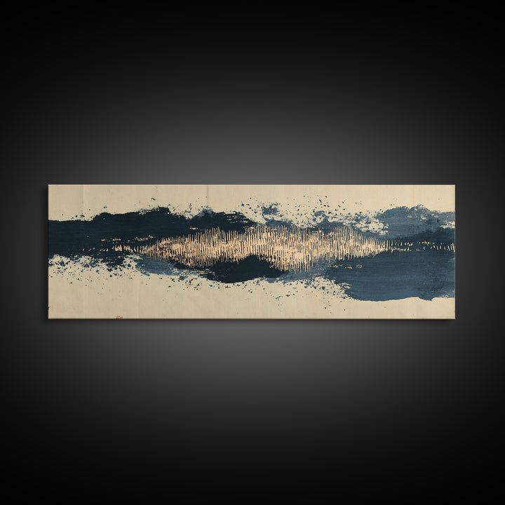Layered Copper Ink Strokes on Dark Navy Canvas Print, Calligraphy Art, Living Room Wall Art, Living Room Decor, Script, CAL-3x1-94