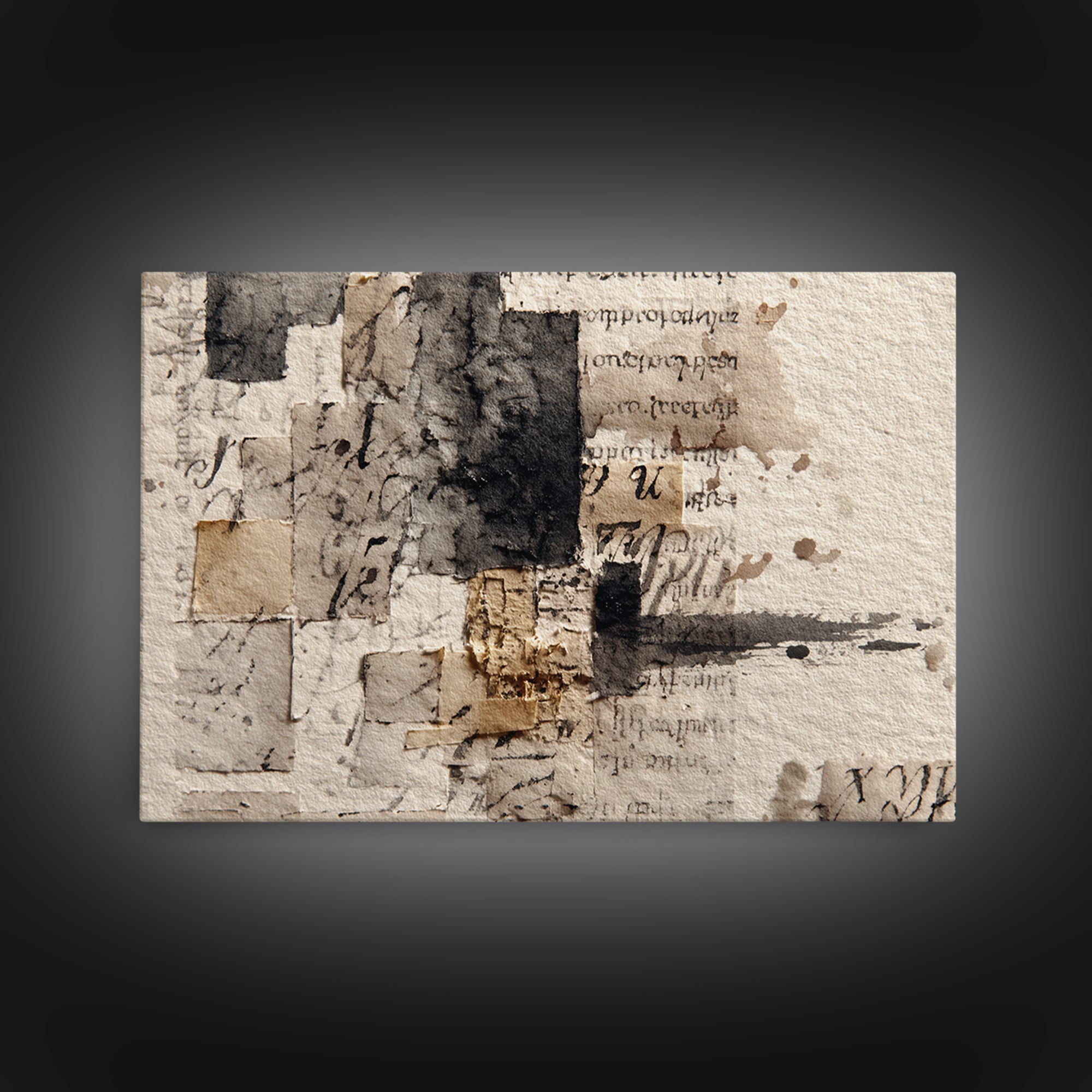 Monochrome Brush Alphabet Fragments as Abstract Texture Canvas Print, Calligraphy Art, Japanese Art, Living Room Decor, Script, CAL-3x2-17