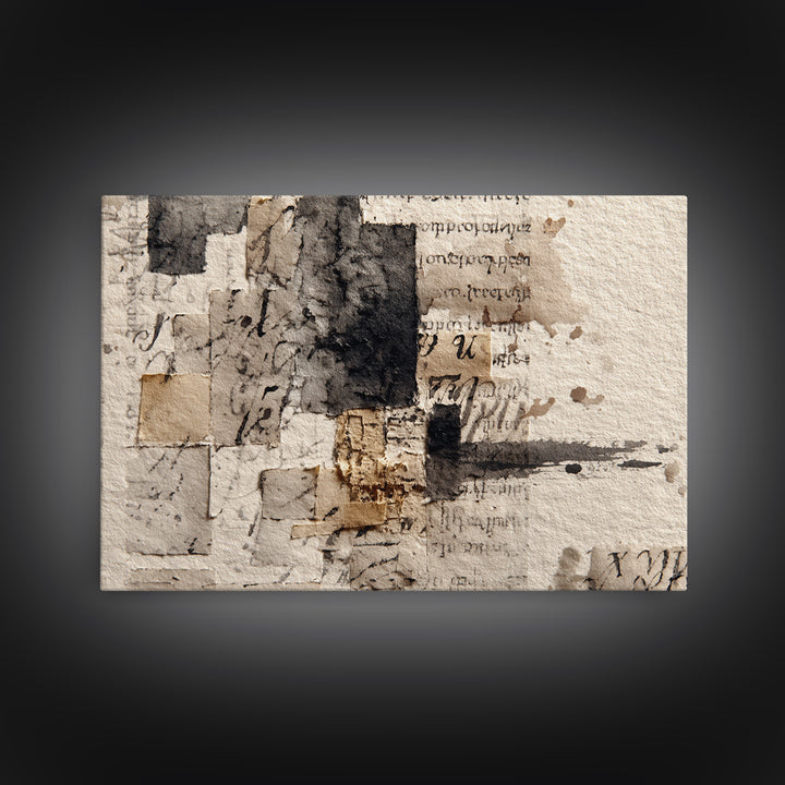 Monochrome Brush Alphabet Fragments as Abstract Texture Canvas Print, Calligraphy Art, Japanese Art, Living Room Decor, Script, CAL-3x2-17