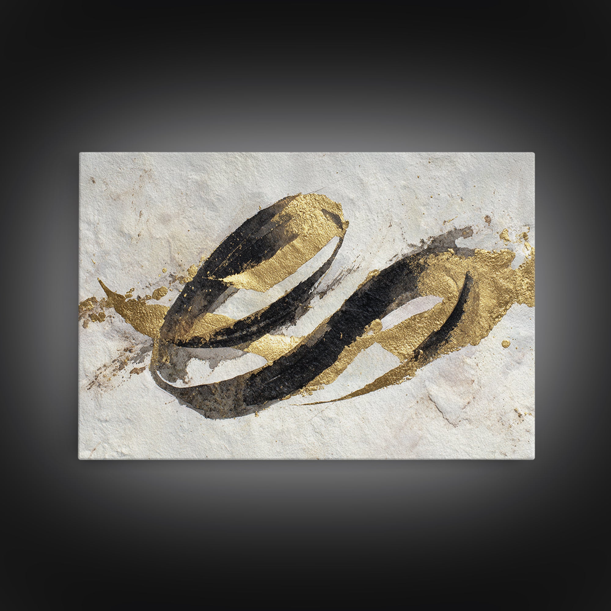 Gold Leaf Calligraphic Spiral on Plaster Surface Canvas Print, Calligraphy Art, Printable, Living Room Decor, Script, CAL-3x2-18