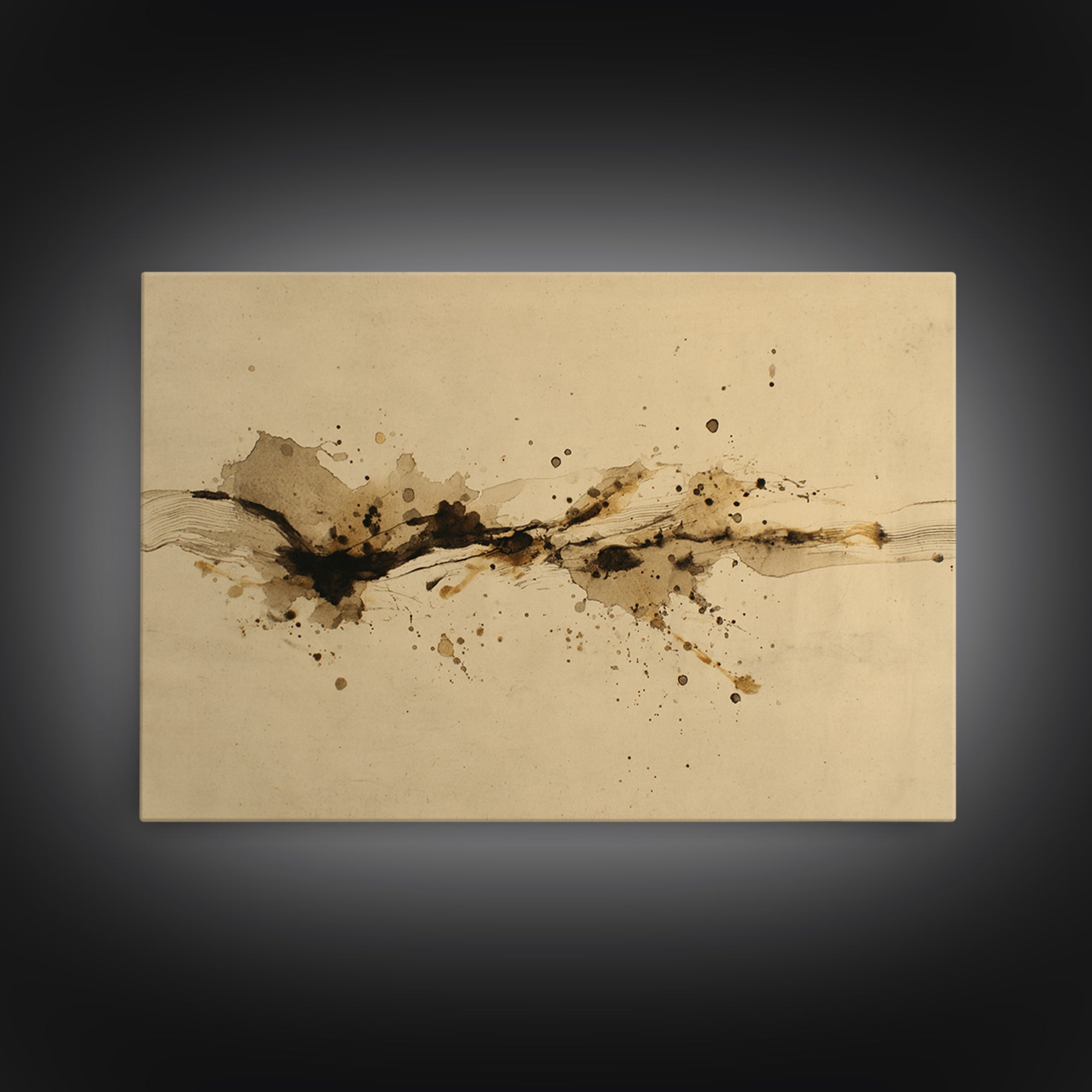 Ink Splatter and Long Brushstroke Composition Framed Canvas Print, Calligraphy Art, Unique Wall Art, Living Room Decor, Script, CAL-3x2-20