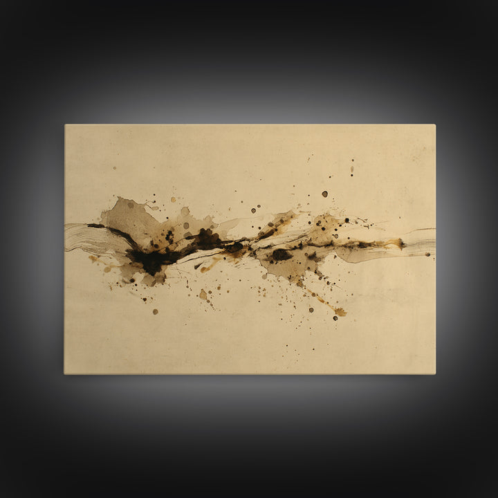 Ink Splatter and Long Brushstroke Composition Framed Canvas Print, Calligraphy Art, Unique Wall Art, Living Room Decor, Script, CAL-3x2-20