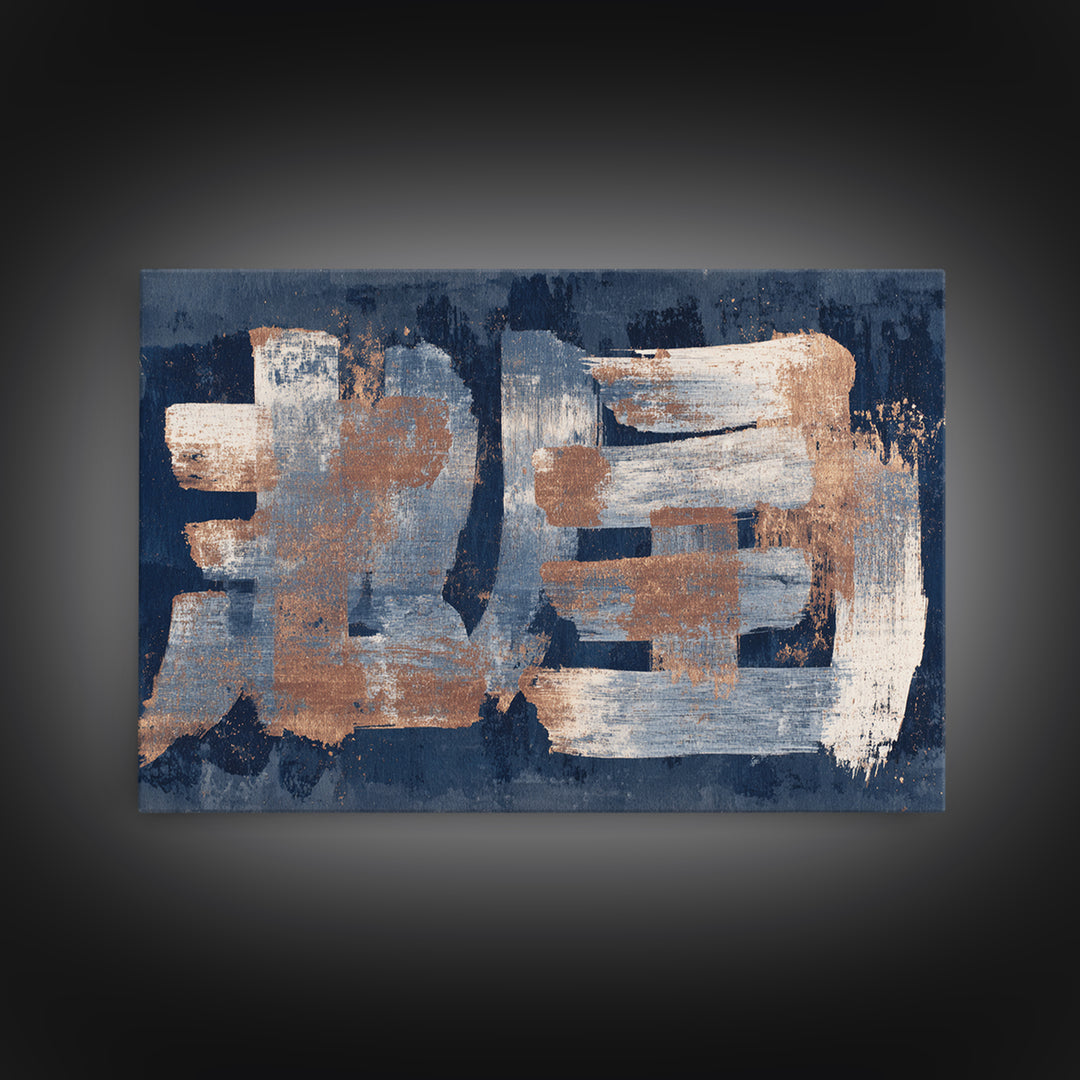 Layered Copper Ink Strokes on Dark Navy Canvas Print, Calligraphy Art, Living Room Wall Art, Living Room Decor, Script, CAL-3x2-34