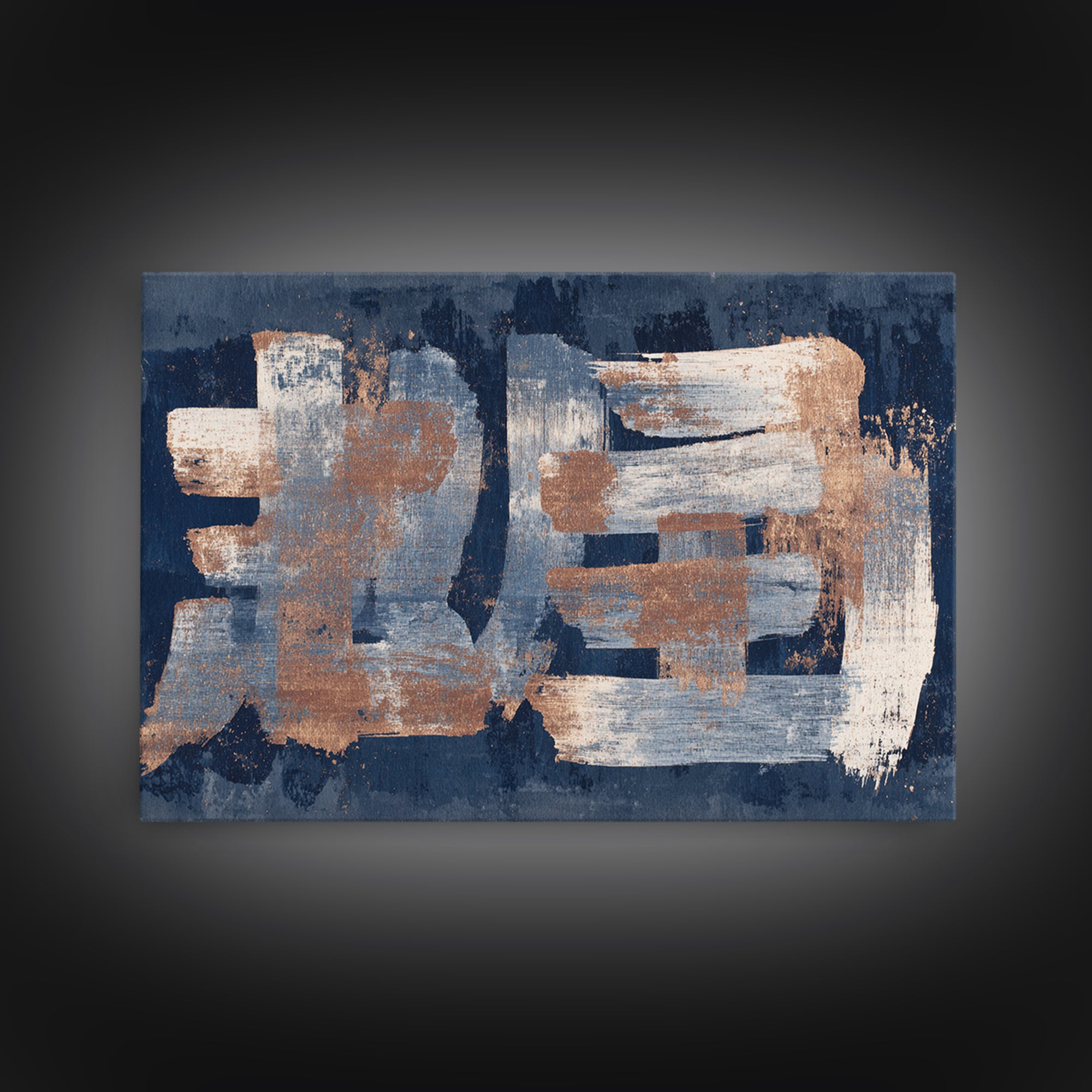 Layered Copper Ink Strokes on Dark Navy Canvas Print, Calligraphy Art, Living Room Wall Art, Living Room Decor, Script, CAL-3x2-34