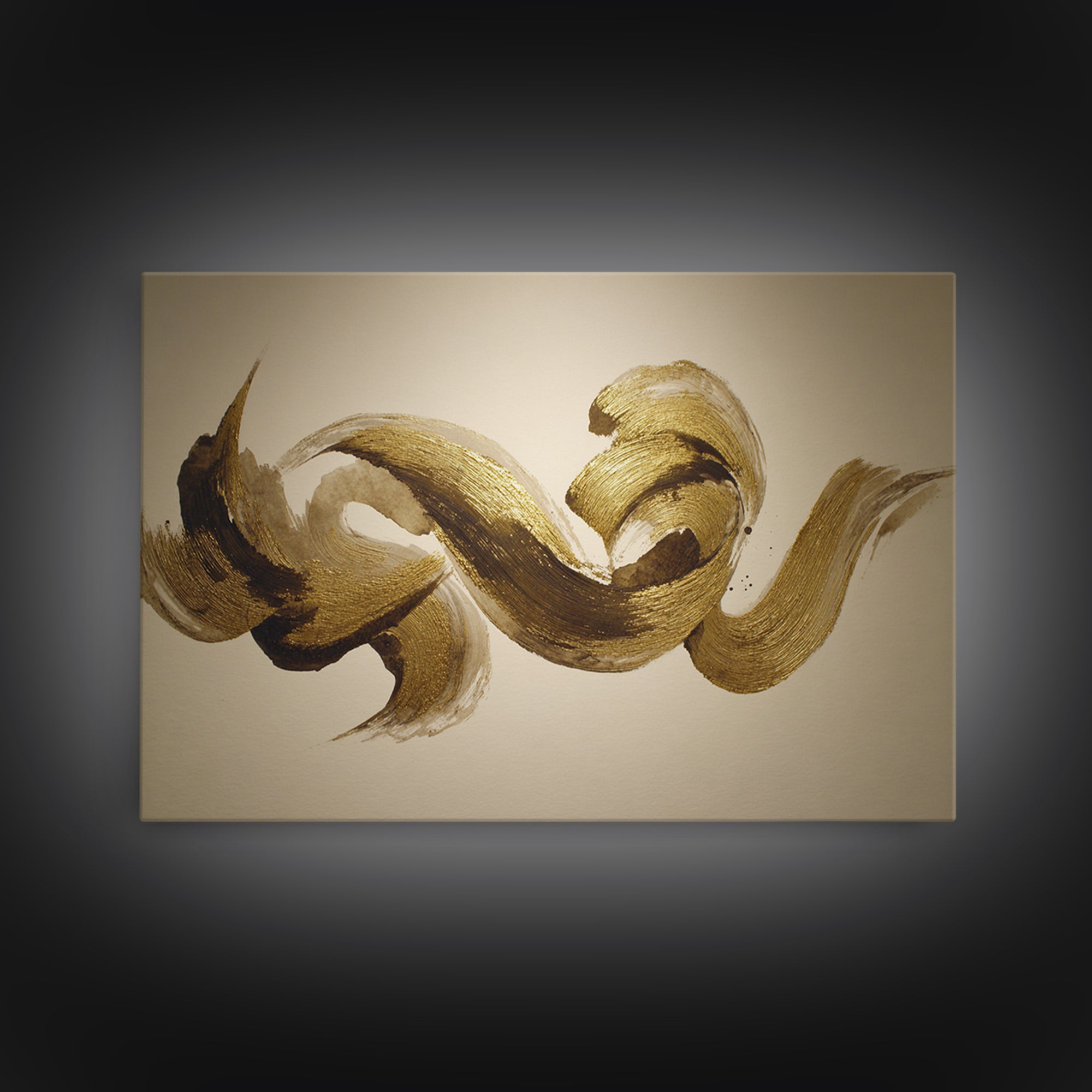 Abstract Gold Calligraphic Strokes on Ivory Paper Canvas Print, Calligraphy Art, Digital Print, Living Room Decor, Script, CAL-3x2-6