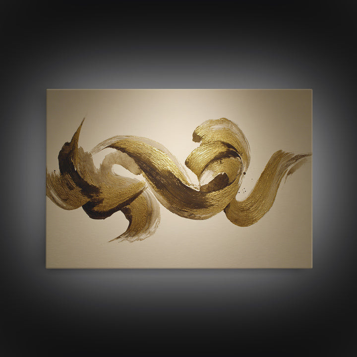 Abstract Gold Calligraphic Strokes on Ivory Paper Canvas Print, Calligraphy Art, Digital Print, Living Room Decor, Script, CAL-3x2-6